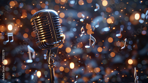 Vintage Microphone with Musical Notes Bokeh