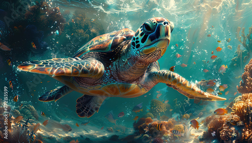 A sea turtle swimming in the crystal clear waters of the Red Sea  surrounded by colorful fish and coral reefs. Created with Ai