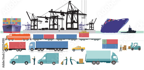 Hafen-Terminal mit Schiffen und Güterzug, LKW, illustration