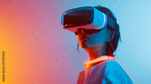 A young woman wearing VR glasses against a gradient background with bright colors in a fluorescent color scheme and neon light effect, high-tech sense of technology