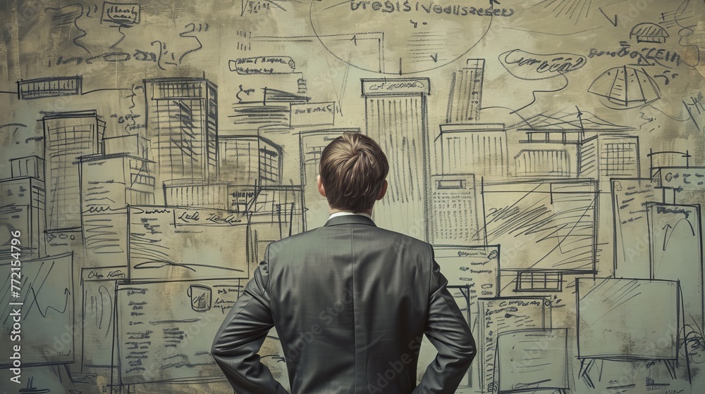 Businessman Contemplating Business Sketch: Strategy Planning Concept Businessman Contemplating Business Sketch: Strategy Planning Concept