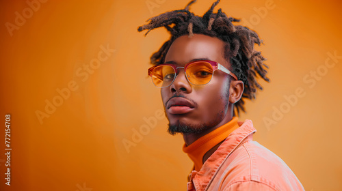 A stylish young African American man with dreadlocks wearing vibrant orange glasses and standing against an isolated pastel background, exuding confidence in his fashionable outfit