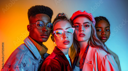 A group of stylish young people, wearing colorful glasses, stand together in front of the camera against a bright studio background illuminated by neon lights.