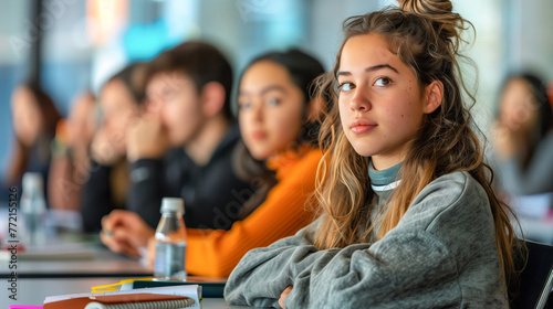 A group of young people sitting in class, listening to the teacher, focusing on one girl with long hair wearing a grey sweater.