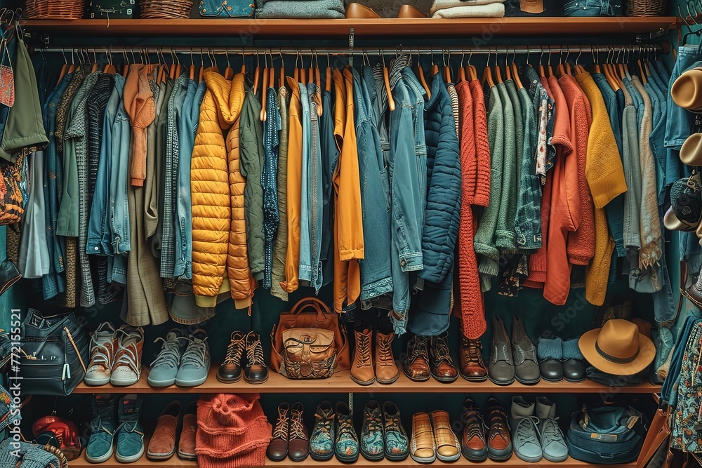 Create an image of a fashion influencer's meticulously organized wardrobe, with color-coordinated clothing