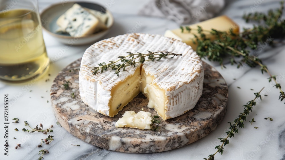 A cheese is sitting on a marble slab with some wine, AI A cheese is sitting on a marble slab with some wine, AI