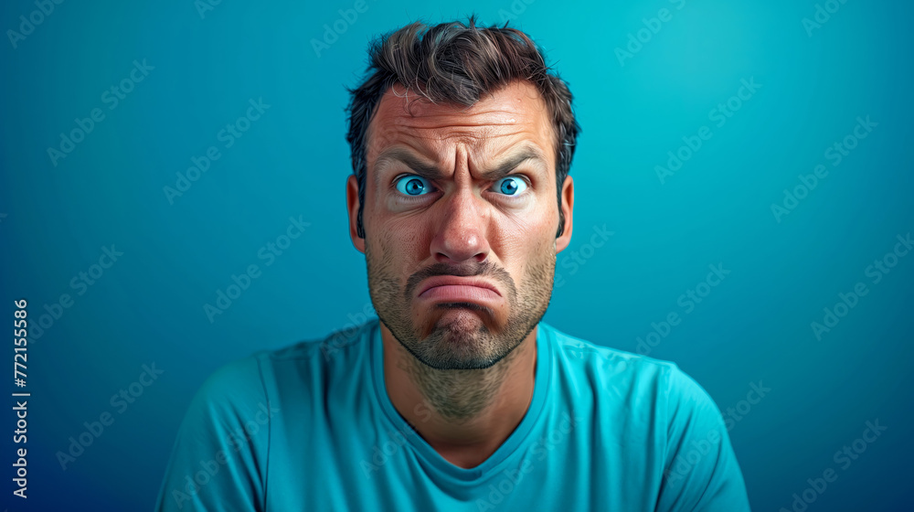 Obraz premium Man with a funny facial expression, looking angry and tired against a blue background