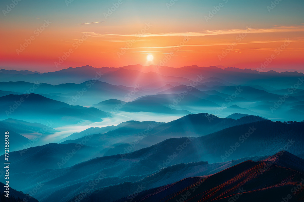 Majestic Sunrise Over Misty Mountain Ranges