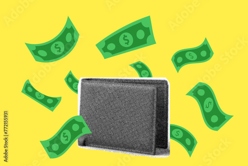 Halftone collage with wallet and dollars. Finance theme banner, money wallet and flying dollars. Scrapbooking magazine.