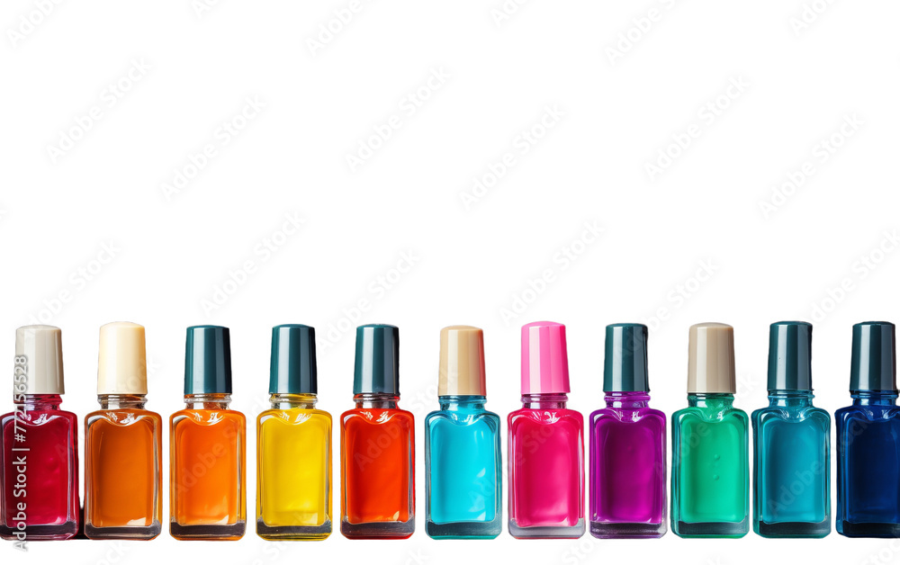 Various colored bottles standing in a row against a clean white background Various colored bottles standing in a row against a clean white background