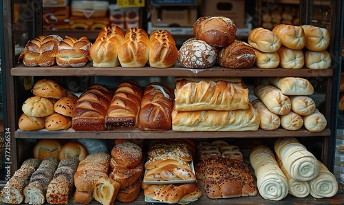 A variety of breads, such as baguettes and bagels, on a bakery shelf in a bakery