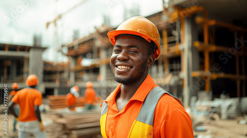 A happy young African male construction worker smiling at the camera while standing on the building site, with other workers in the background wearing orange and yellow safety uniforms.