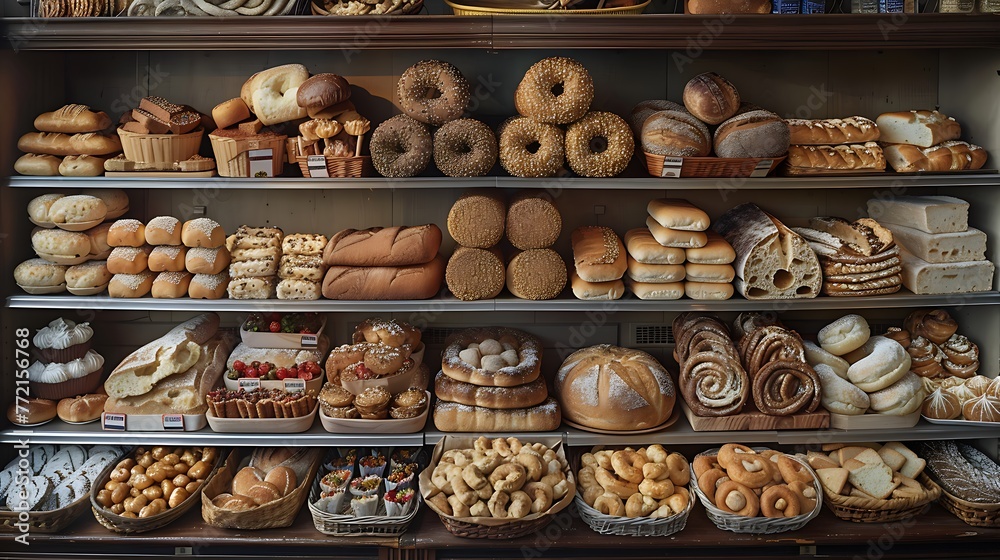 A variety of breads, such as baguettes and bagels, on a bakery shelf in a bakery