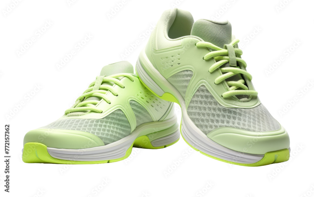 A pair of green and white shoes elegantly displayed on a crisp white background A pair of green and white shoes elegantly displayed on a crisp white background