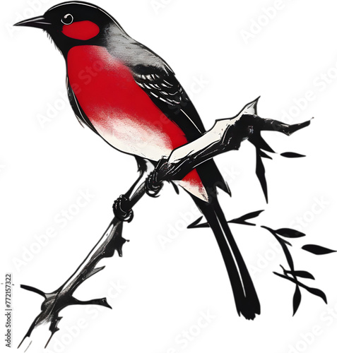 Painting of a crimson chat bird using the Japanese brushstroke technique. photo