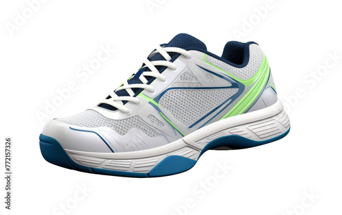 A stylish white and blue tennis shoe is displayed on a plain white background