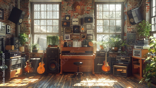 A realistic photo of an old brick music studio with a piano, guitar stands and vinyl records on the walls, sunlight through large windows, plants in pots, vinyl record wall art decoration. 