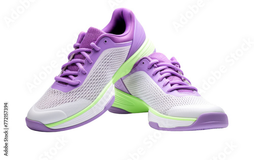 A pair of vibrant purple and white shoes resting elegantly on a clean white background