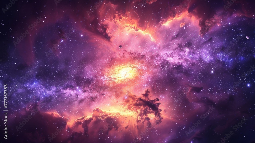 A purple and orange nebula in space with stars, AI