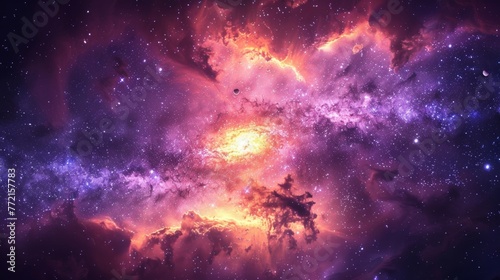 A purple and orange nebula in space with stars, AI