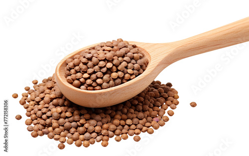 A wooden spoon brimming with brown lentils
