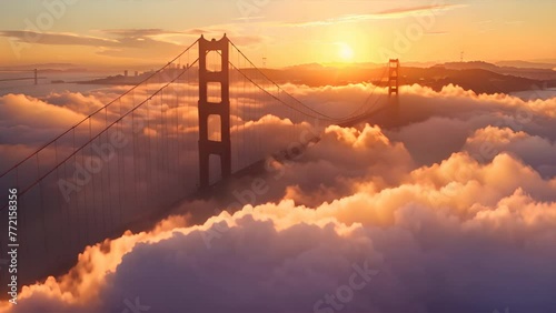 Golden Gate Bridge aerial view and there is fog all around it during sunrise photo