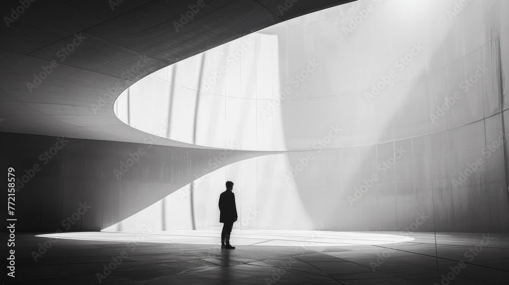 A man standing in a large room with light coming from the ceiling, AI A man standing in a large room with light coming from the ceiling, AI