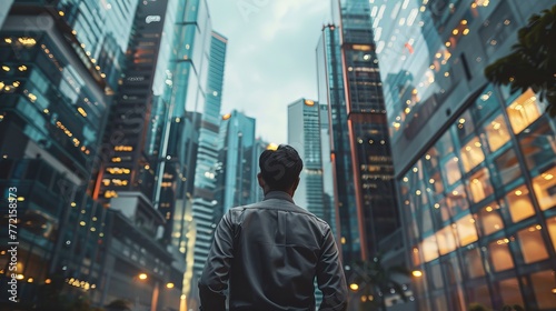 Visionary businessman contemplating urban skyline in career pursuit photo