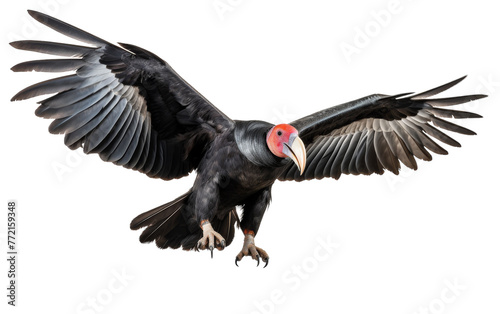 A majestic, large black bird with a vibrant red beak perched on a branch in the sunlight