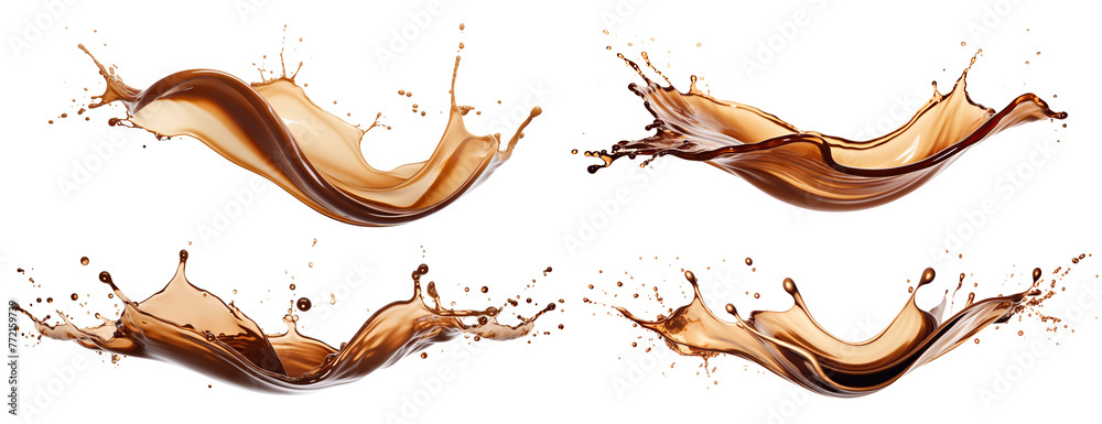 Set of delicious coffee splashes, cut out - obrazy, fototapety, plakaty 