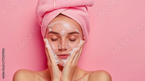 Portrait photo of a white woman with clear skin washing her her face with soap with a pink towel wrapped around her head on a pink background