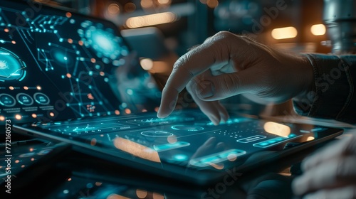 Man Using Contemporary Tablet with Dock Keyboard: Virtual Diagrams, Graph Interfaces, Digital Display, Statistics Icons. Blurred Background, Vertical Image