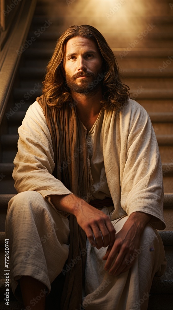 A thoughtful Jesus dressed in a biblical era robe sitting on ancient stone steps, bathed in warm light.
Generative AI. A thoughtful Jesus dressed in a biblical era robe sitting on ancient stone steps, bathed in warm light.
Generative AI.