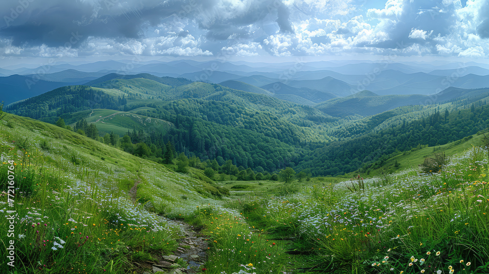 Beautiful summer landscape of green hills and mountains with clouds in the blue sky on a sunny day, panoramic view from top to bottom. Created with Ai