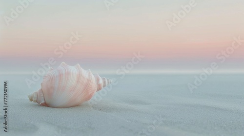 A shell on the beach at sunset with a pink sky, AI