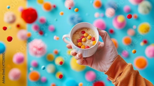 A person holding a cup of coffee with colorful balls in it, AI