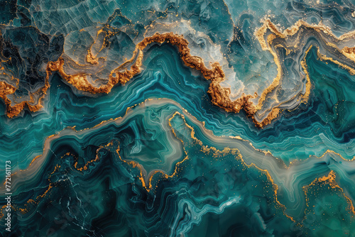 A topdown view of an ocean with swirling patterns in shades of teal and gold, resembling marble or agate, with golden veins running through the waves. Created with Ai