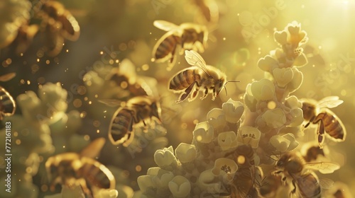 Bees flying in gold-tinted sunlight.