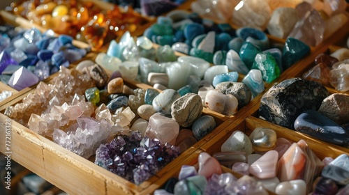 Collection of semiprecious stones. Selling minerals and rocks. photo
