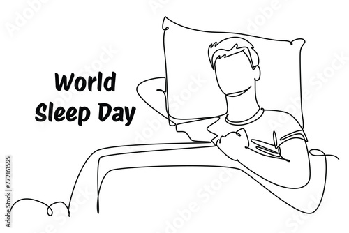 Single continuous line drawing young man holding pillow and blanket. Banner for world sleep day minimalist concept. Simple line, continuous line.