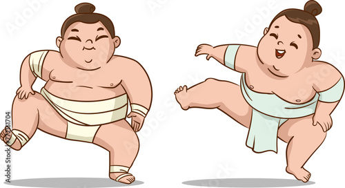 Vector illustration of cute Sumo wrestlers.Cute kids doing sumo wrestling.