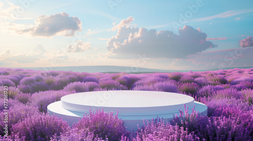 White podium on a background of a lavender field and bright sky at noon for product presentation