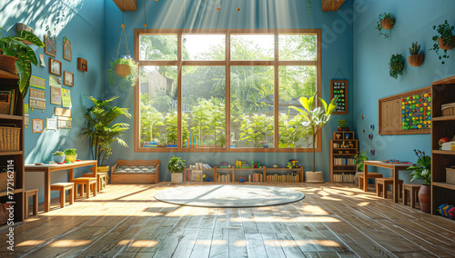 A photo of an organic kindergarten room with wooden furniture, green walls and light blue tones. The space is filled with natural elements like plants and toys made from wood,bamboo. Created with Ai