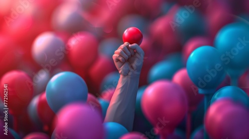 A hand holding a red balloon in the midst of many blue balloons, AI