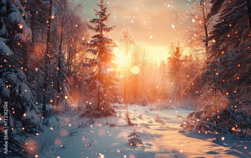 winter landscape sunset with wooded area © Alexei