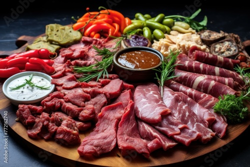 Mouthwatering Meat platter appetizers. Food party. Generate Ai