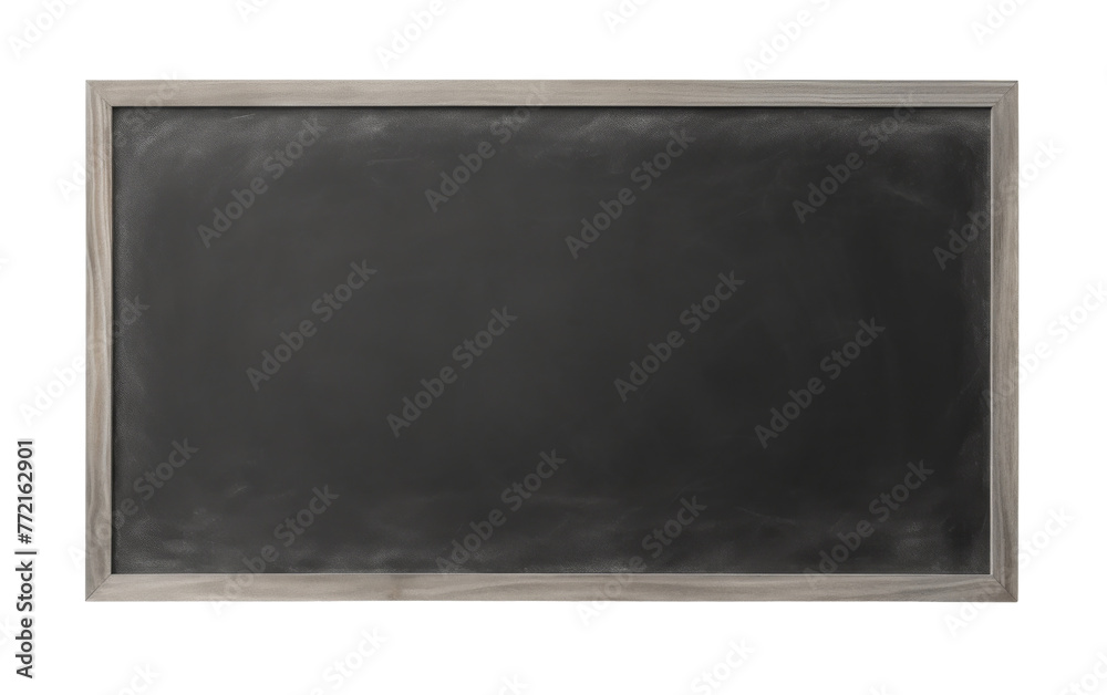 A blackboard with a gleaming silver frame against a stark white backdrop