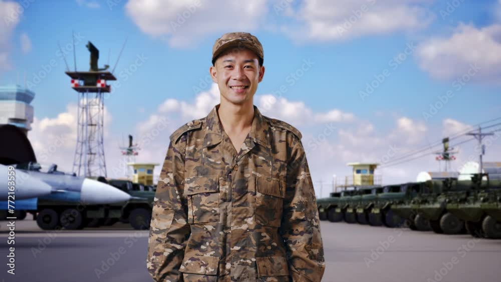 Asian Man Soldier Standing And Smiling To Camera At Military Camp Asian Man Soldier Standing And Smiling To Camera At Military Camp