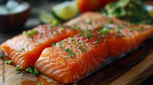 A close up of a piece of salmon on top of some vegetables, AI