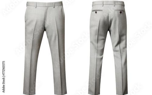 A pair of stylish grey pants suspended in mid-air on a clean white background